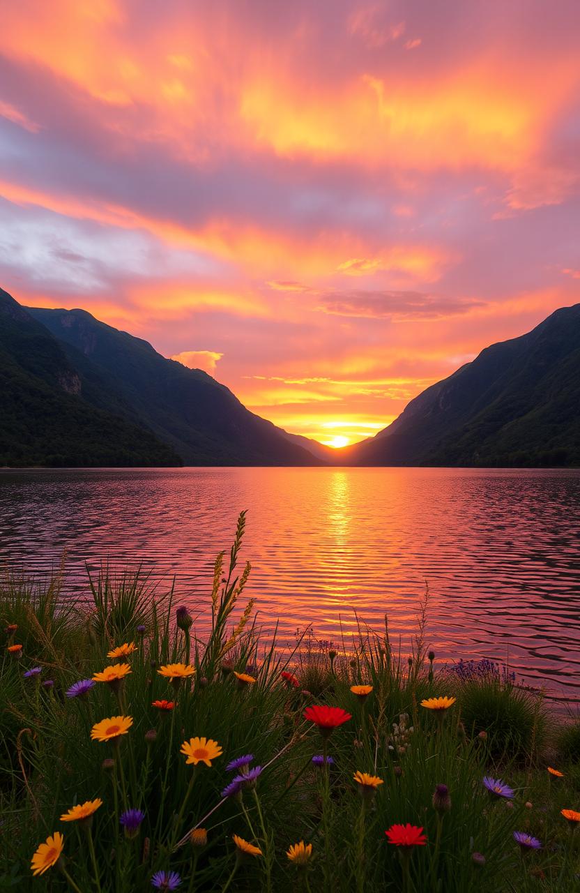 A serene landscape at sunset featuring a tranquil lake surrounded by lush green mountains