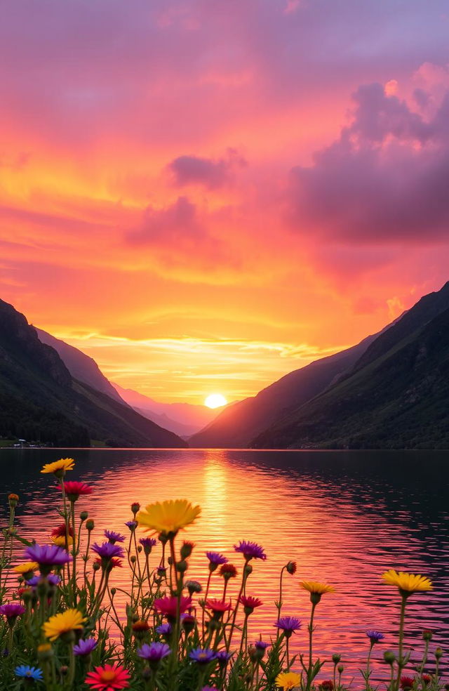 A serene landscape at sunset featuring a tranquil lake surrounded by lush green mountains