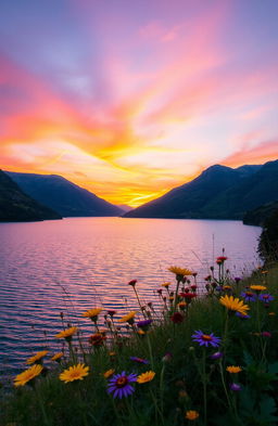 A serene landscape at sunset featuring a tranquil lake surrounded by lush green mountains