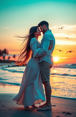 A beautiful romantic scene depicting a couple in love, standing against a picturesque sunset at the beach