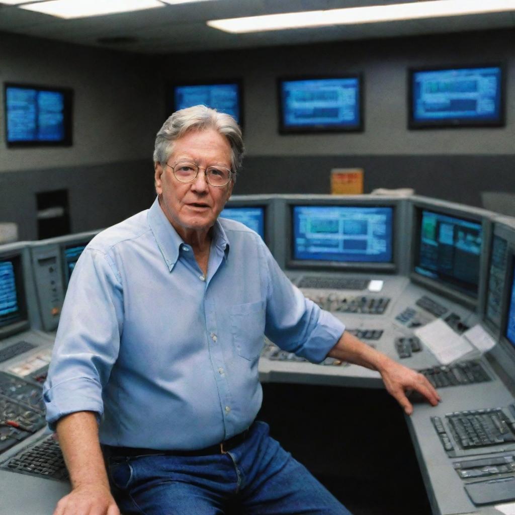 Modify the image to present John Hammond arriving inside the control room, working feverishly on the large, error-riddled, blue-screened computer systems to resolve the issue.