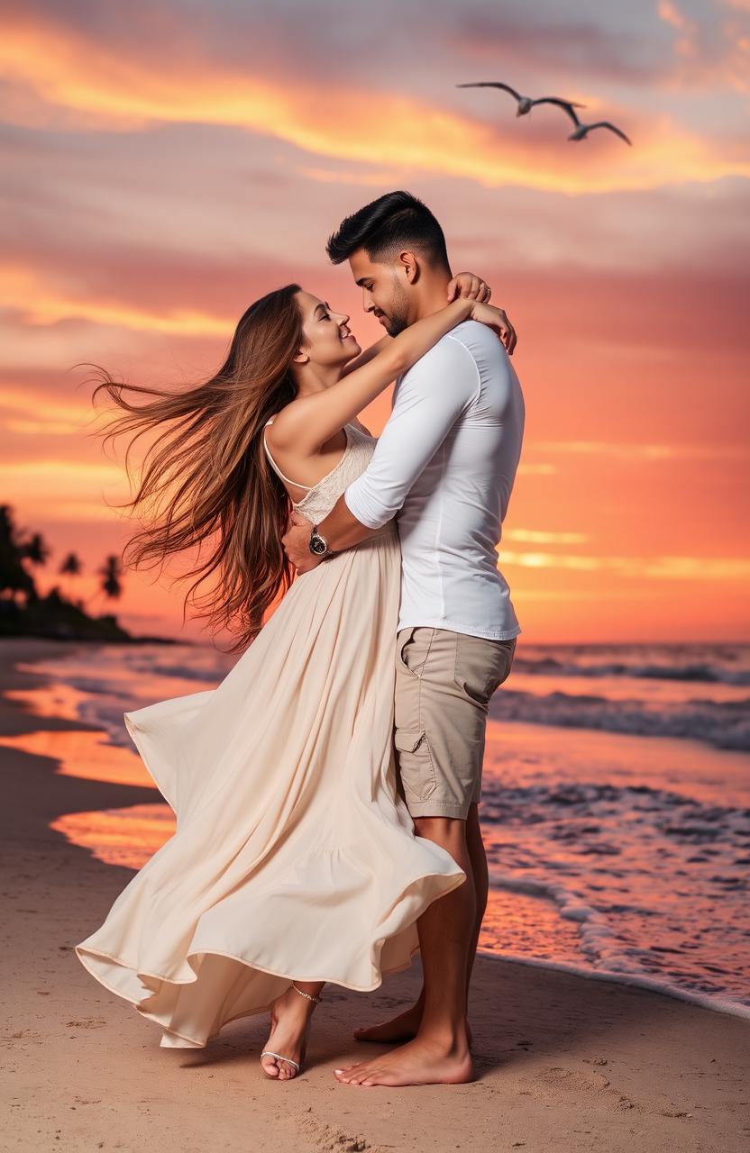 A beautiful romantic scene depicting a couple in love, standing against a picturesque sunset at the beach