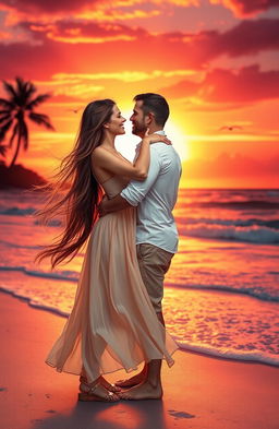 A beautiful romantic scene depicting a couple in love, standing against a picturesque sunset at the beach