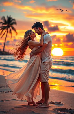 A beautiful romantic scene depicting a couple in love, standing against a picturesque sunset at the beach