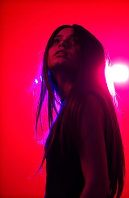 A girl standing against a vibrant red background, her hair flowing down and partially covering her face, creating an air of mystery