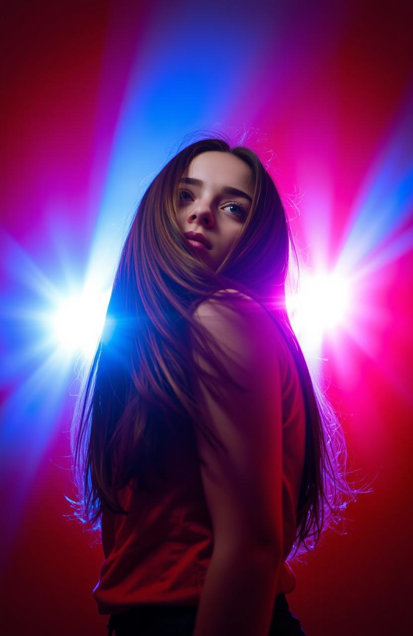 A girl standing against a vibrant red background, her hair flowing down and partially covering her face, creating an air of mystery