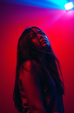 A girl standing against a vibrant red background, her hair flowing down and partially covering her face, creating an air of mystery
