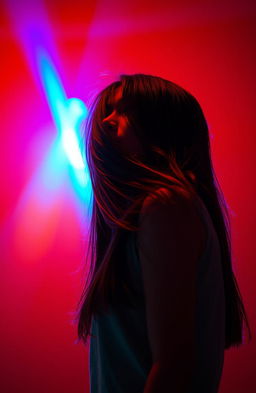 A girl standing against a vibrant red background, her hair flowing down and partially covering her face, creating an air of mystery