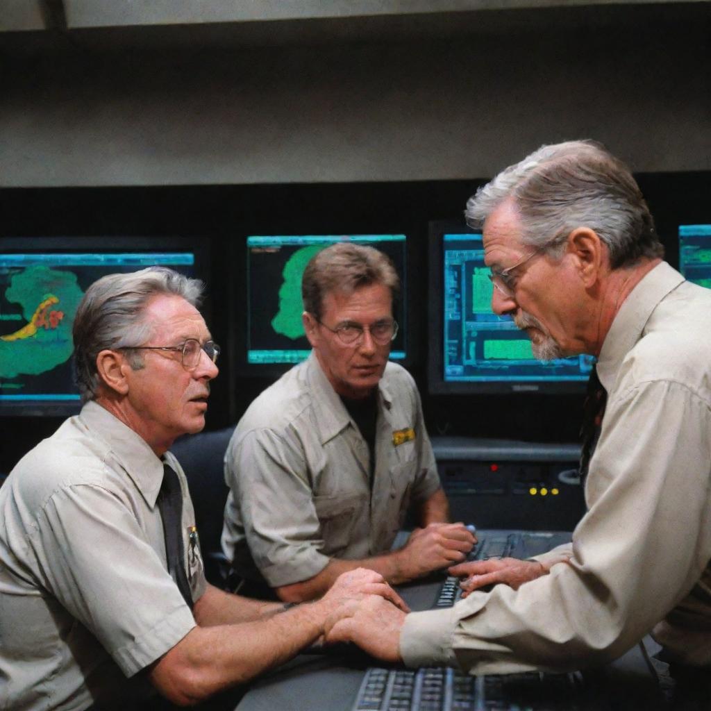 Adjust the image to demonstrate John Hammond successfully updating the computer systems, the screens now displaying normal operations. Both he and the Jurassic Park guard are depicted sighing with relief in the now calmer control room.