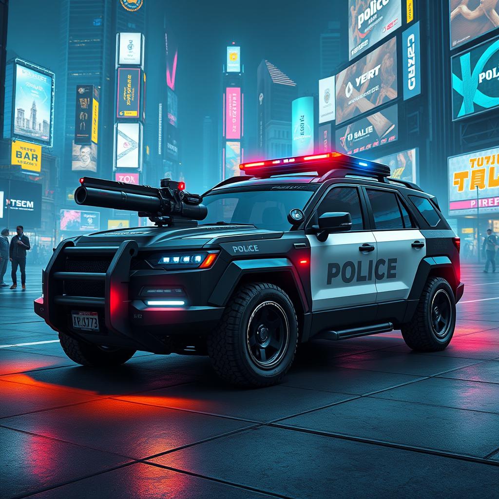 A heavily armored police car designed in a cyberpunk art style, featuring a sleek, low-profile LED light bar on the roof