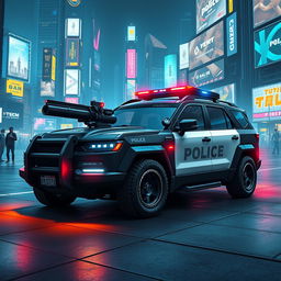 A heavily armored police car designed in a cyberpunk art style, featuring a sleek, low-profile LED light bar on the roof