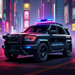 A heavily armored police car designed in a cyberpunk art style, featuring a sleek, low-profile LED light bar on the roof