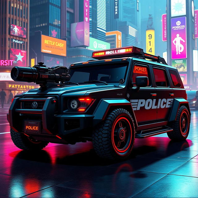 A heavily armored police car designed in a cyberpunk art style, featuring a sleek, low-profile LED light bar on the roof