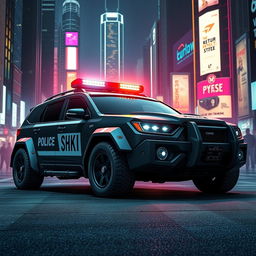 A heavily armored police car designed in a cyberpunk art style, featuring a sleek, low-profile LED light bar on the roof