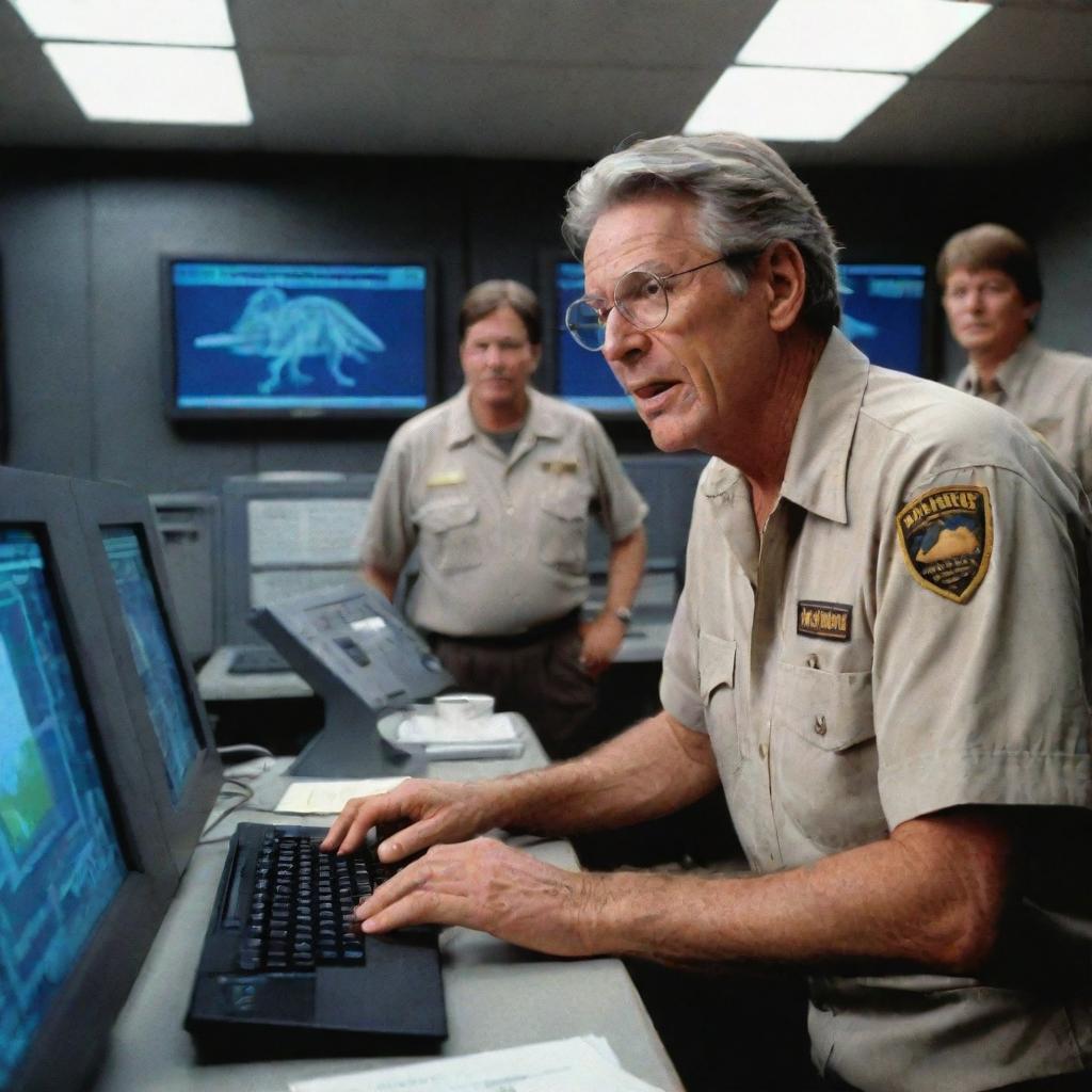 Adjust the image to demonstrate John Hammond successfully updating the computer systems, the screens now displaying normal operations. Both he and the Jurassic Park guard are depicted sighing with relief in the now calmer control room.