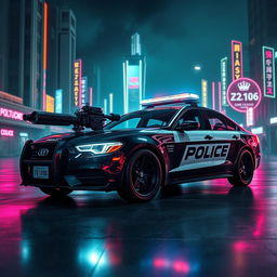 A sleek police car featuring a low-profile LED light bar on top, designed with custom black wheels for a modern touch