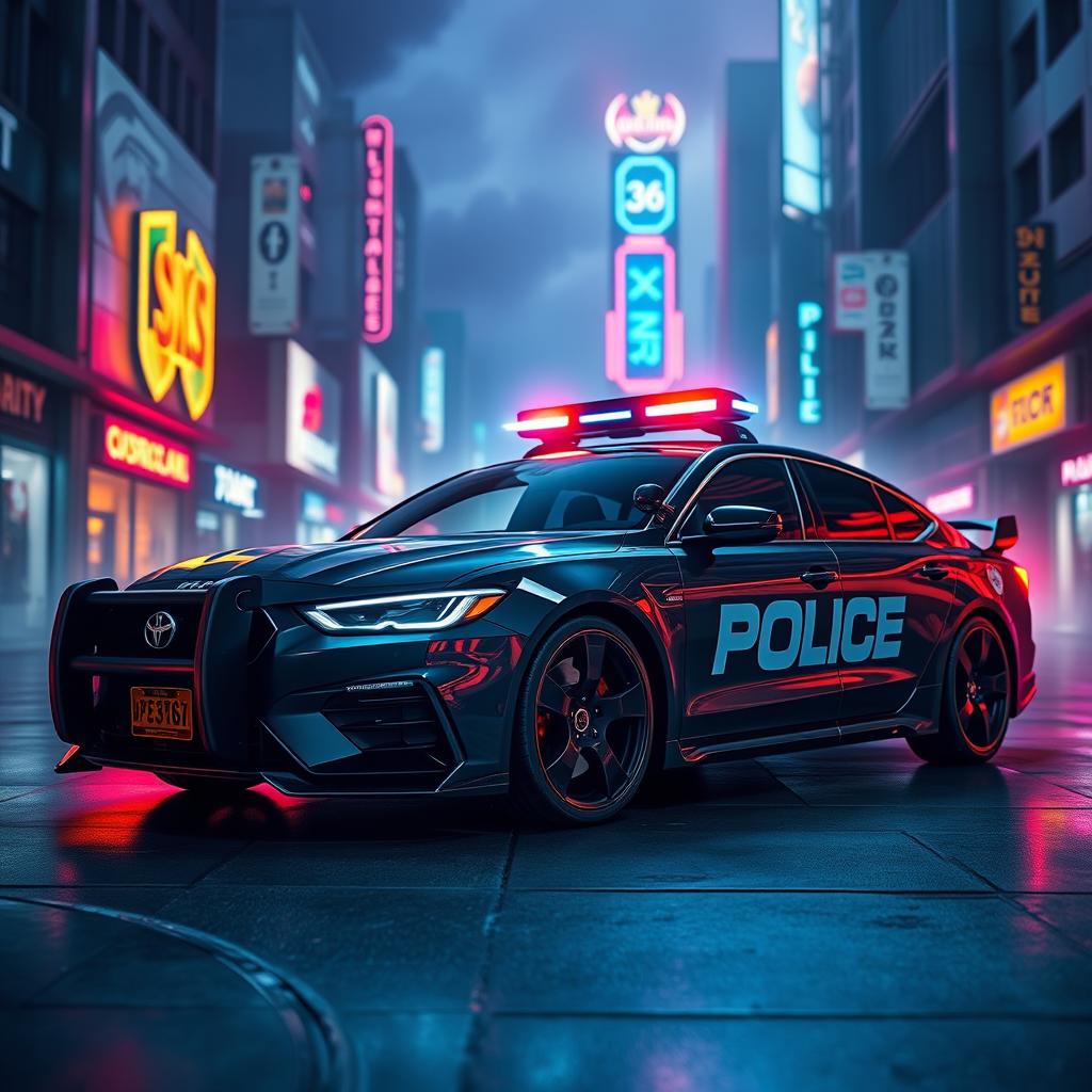 A sleek police car featuring a low-profile LED light bar on top, designed with custom black wheels for a modern touch