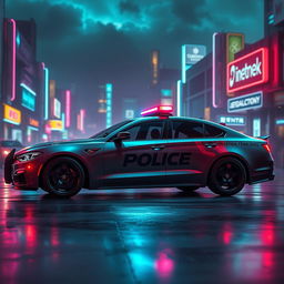 A sleek police car featuring a low-profile LED light bar on top, designed with custom black wheels for a modern touch