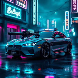 A sleek police car featuring a low-profile LED light bar on top, designed with custom black wheels for a modern touch