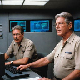 Adjust the image to demonstrate John Hammond successfully updating the computer systems, the screens now displaying normal operations. Both he and the Jurassic Park guard are depicted sighing with relief in the now calmer control room.