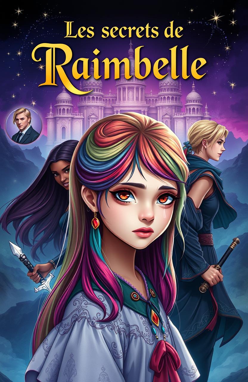 Title: "Les secrets de Raimbelle" at the top in an elegant, mysterious font, possibly in gold or white