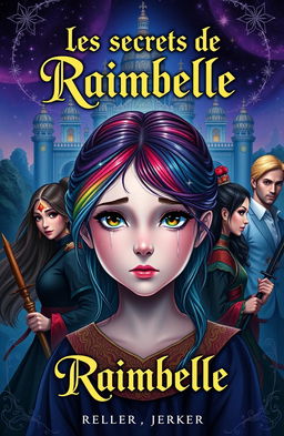 Title: "Les secrets de Raimbelle" at the top in an elegant, mysterious font, possibly in gold or white