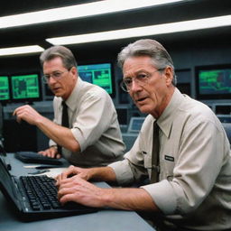 Adjust the image to demonstrate John Hammond successfully updating the computer systems, the screens now displaying normal operations. Both he and the Jurassic Park guard are depicted sighing with relief in the now calmer control room.