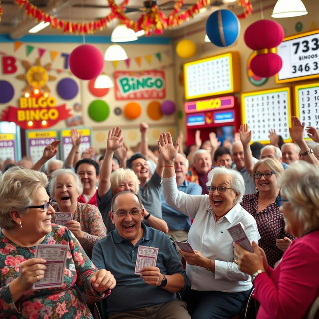 A lively scene of a colorful bingo hall filled with excited players of various ages and backgrounds, all eagerly participating in a game of bingo