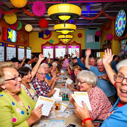 A lively scene of a colorful bingo hall filled with excited players of various ages and backgrounds, all eagerly participating in a game of bingo