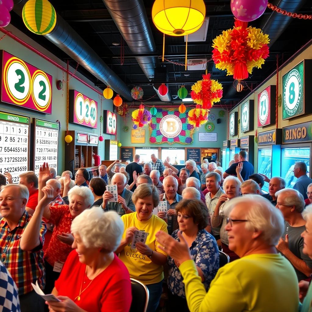 A lively scene of a colorful bingo hall filled with excited players of various ages and backgrounds, all eagerly participating in a game of bingo