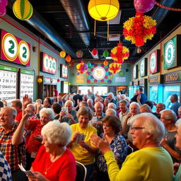 A lively scene of a colorful bingo hall filled with excited players of various ages and backgrounds, all eagerly participating in a game of bingo