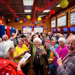 A lively scene of a colorful bingo hall filled with excited players of various ages and backgrounds, all eagerly participating in a game of bingo