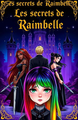 A captivating scene titled "Les secrets de Raimbelle" at the top in an elegant and mysterious font, possibly in gold or white