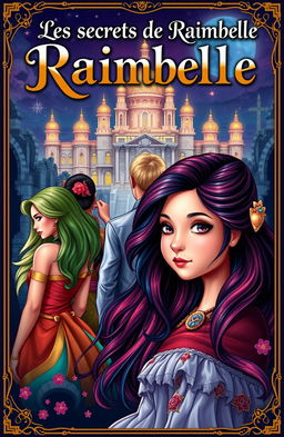 A captivating fantasy scene titled 'Les secrets de Raimbelle' at the top in an elegant and mysterious font, possibly in gold or white