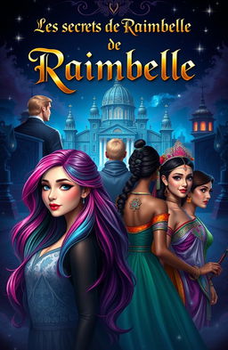A captivating fantasy scene titled 'Les secrets de Raimbelle' at the top in an elegant and mysterious font, possibly in gold or white