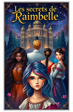 A captivating fantasy scene titled 'Les secrets de Raimbelle' at the top in an elegant and mysterious font, possibly in gold or white