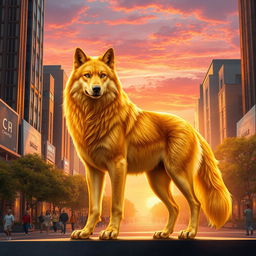A majestic golden wolf standing proudly in a bustling cityscape during sunset