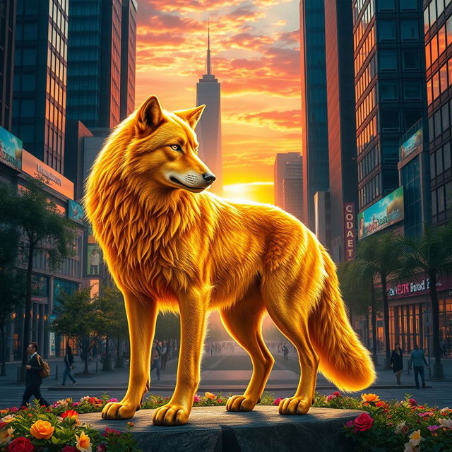 A majestic golden wolf standing proudly in a bustling cityscape during sunset