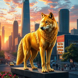A majestic golden wolf standing proudly in a bustling cityscape during sunset