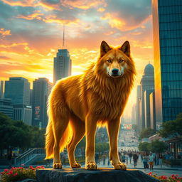 A majestic golden wolf standing proudly in a bustling cityscape during sunset