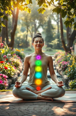 A serene and tranquil scene depicting a person meditating in a peaceful environment, surrounded by a beautiful array of colorful chakras glowing harmoniously along their body
