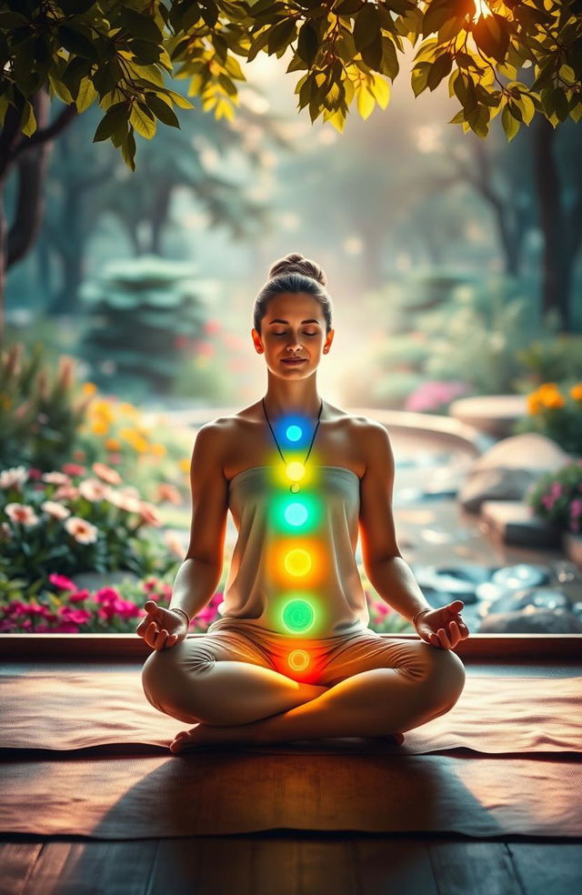 A serene and tranquil scene depicting a person meditating in a peaceful environment, surrounded by a beautiful array of colorful chakras glowing harmoniously along their body