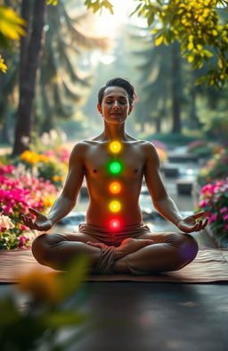 A serene and tranquil scene depicting a person meditating in a peaceful environment, surrounded by a beautiful array of colorful chakras glowing harmoniously along their body