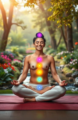 A serene and tranquil scene depicting a person meditating in a peaceful environment, surrounded by a beautiful array of colorful chakras glowing harmoniously along their body