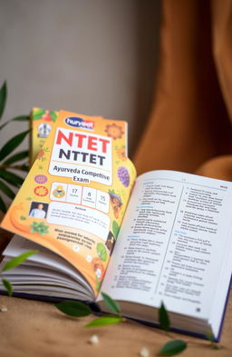 An attractive display of the 'NTET Ayurveda Competitive Exam Book', showcasing a vibrant cover design featuring elements of traditional Ayurveda symbols, herbs, and a balanced color scheme that reflects holistic health