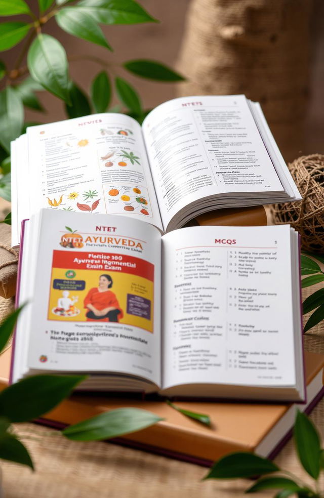 An attractive display of the 'NTET Ayurveda Competitive Exam Book', showcasing a vibrant cover design featuring elements of traditional Ayurveda symbols, herbs, and a balanced color scheme that reflects holistic health