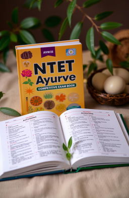 An attractive display of the 'NTET Ayurveda Competitive Exam Book', showcasing a vibrant cover design featuring elements of traditional Ayurveda symbols, herbs, and a balanced color scheme that reflects holistic health