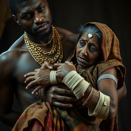 A powerful scene featuring a black man adorned with multiple gold chains, holding an elderly Indian woman who appears plump and frightened