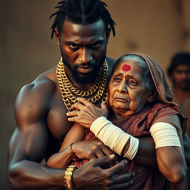 A powerful scene featuring a black man adorned with multiple gold chains, holding an elderly Indian woman who appears plump and frightened