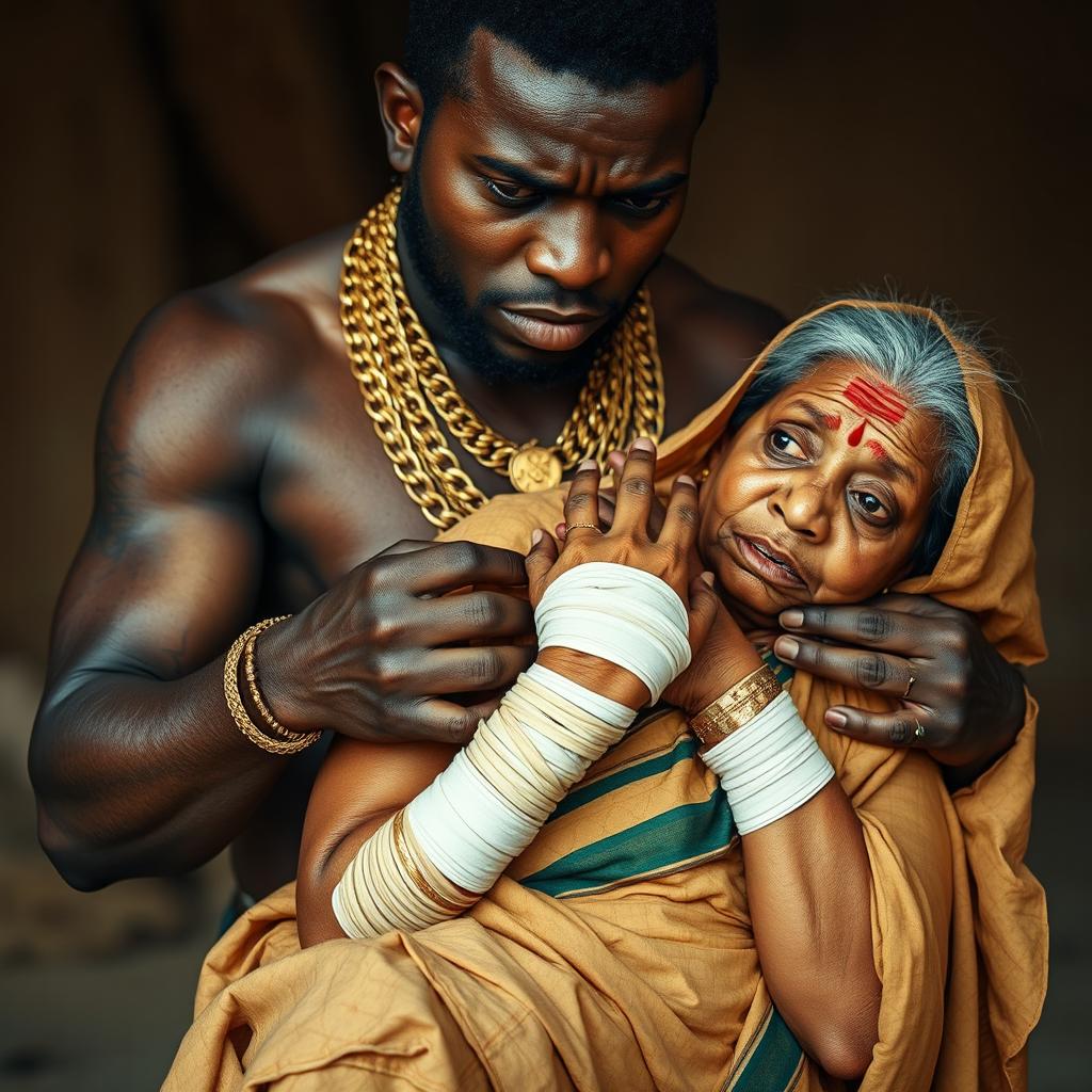 A powerful scene featuring a black man adorned with multiple gold chains, holding an elderly Indian woman who appears plump and frightened